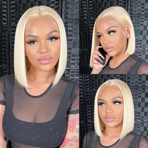 613 Honey Blonde Bob Lace Front Human Hair Wigs 13x4 Remy Brazilian Straight Short Bob 10 14 Inch by Luxegan