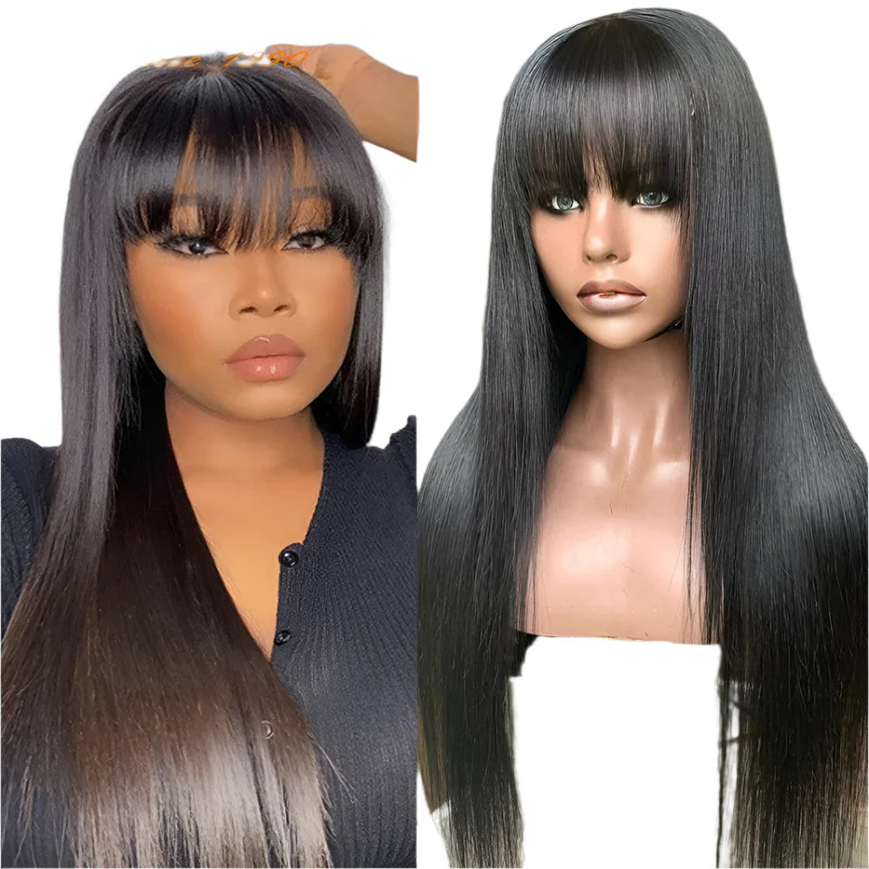 Bone Straight Human Hair Wig with Bangs | 3x1 Middle Part Lace Wig (Remy, Clearance Sale) by Luxegan