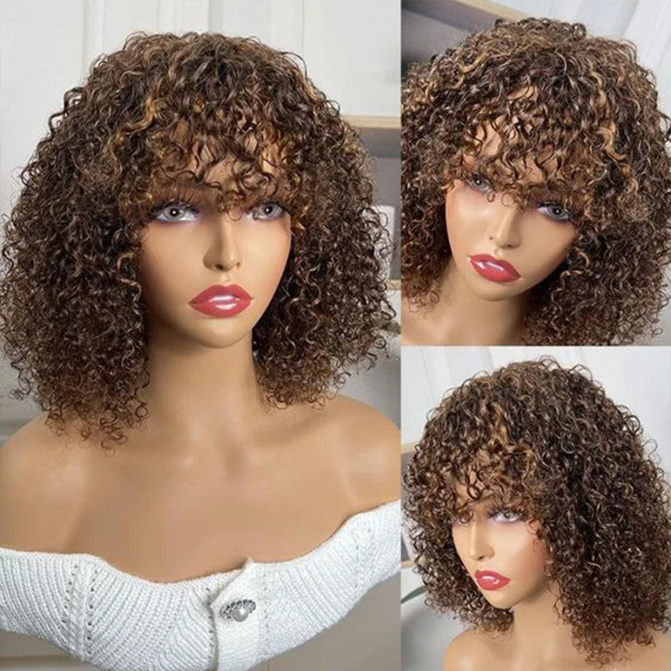 Highlight Honey Blonde Jerry Curly Pixie Bob Wig with Bangs | Full Machine Made Human Hair by Luxegan