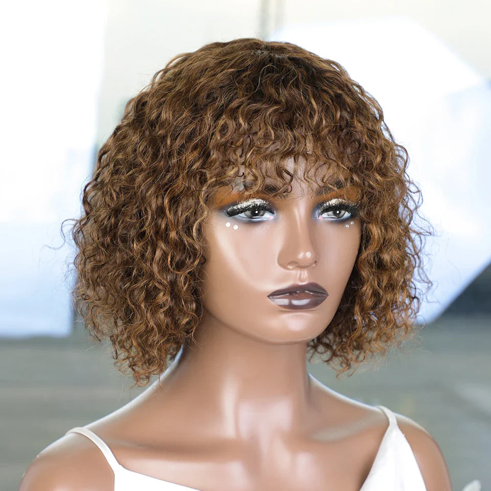 150% Density Ombre Honey Blonde Curly Bob Wig | Glueless Human Hair with Bangs by Luxegan