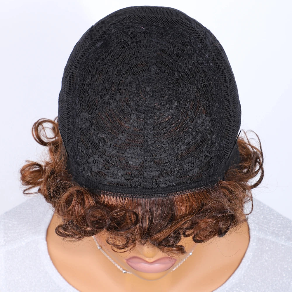 Sleek 100% Real Ready To Wear Short Water Wave Pixie Cut Wigs Brown Colored Curly Brazilian Curly Human Hair Wigs For Women by Luxegan