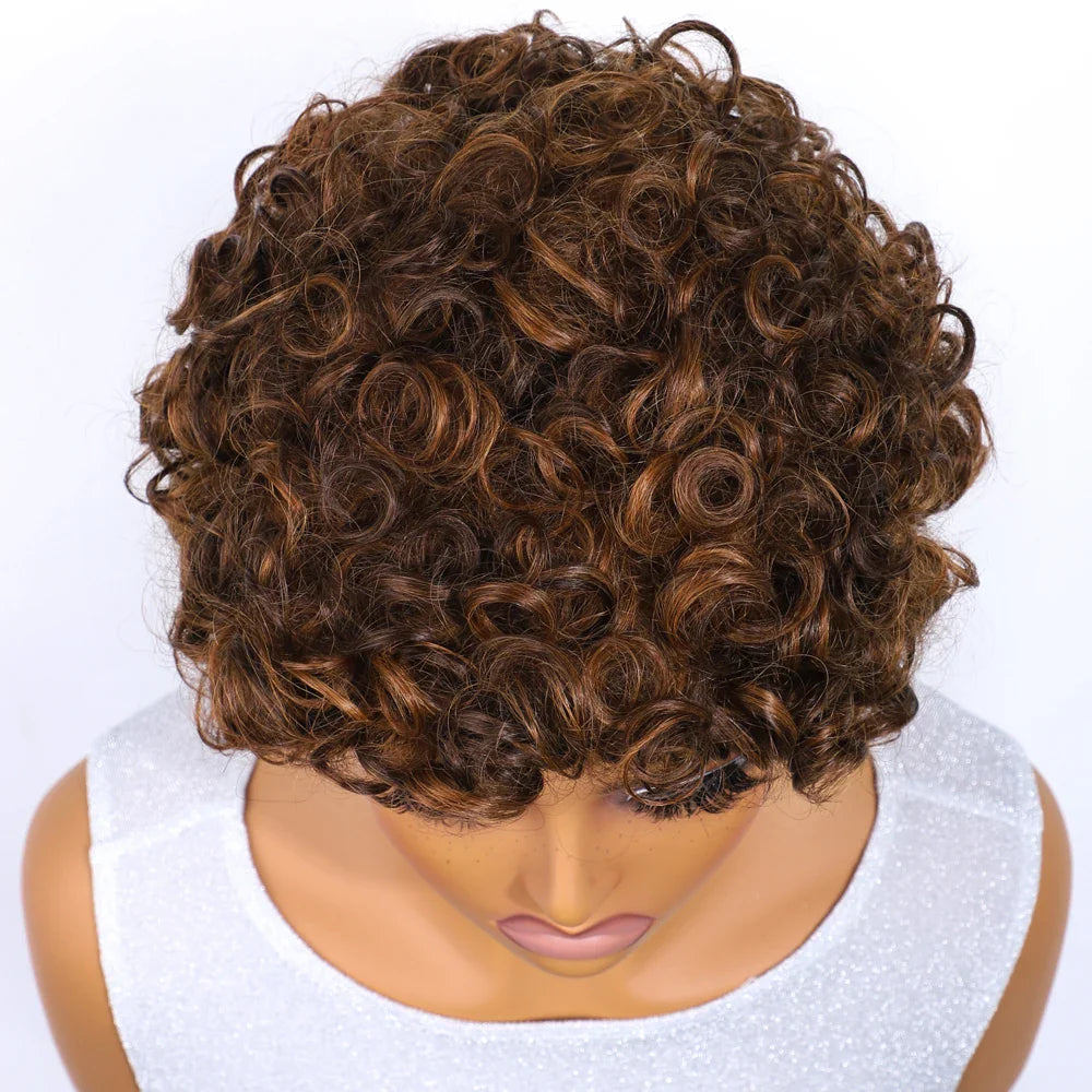 Sleek 100% Real Ready To Wear Short Water Wave Pixie Cut Wigs Brown Colored Curly Brazilian Curly Human Hair Wigs For Women by Luxegan