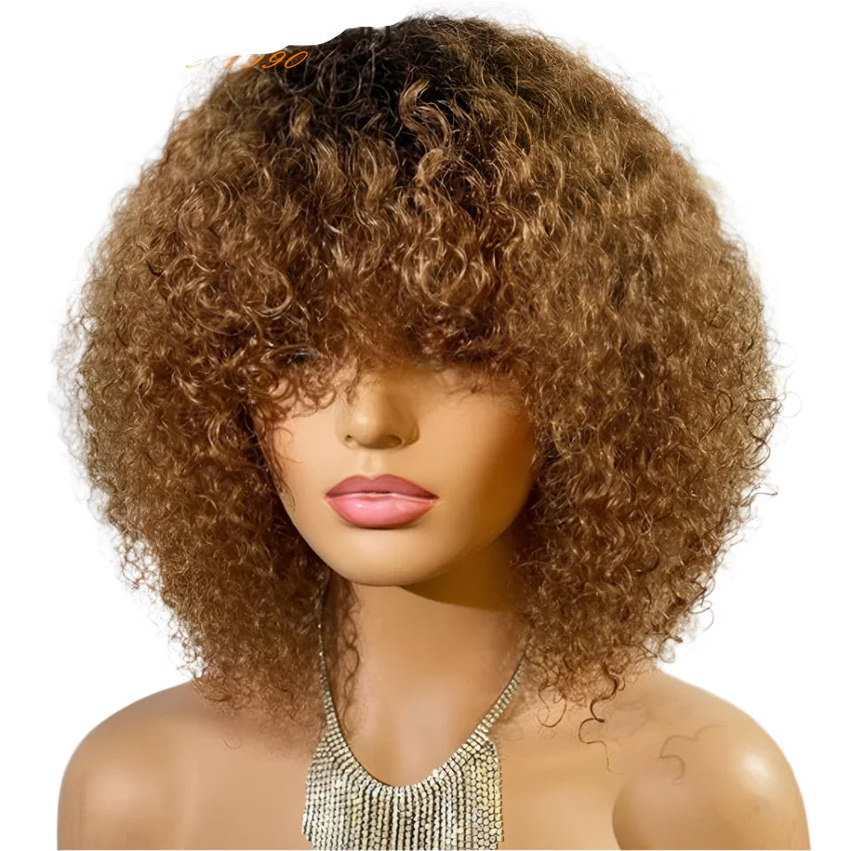 Highlight Honey Blonde Jerry Curly Pixie Bob Wig with Bangs | Full Machine Made Human Hair by Luxegan