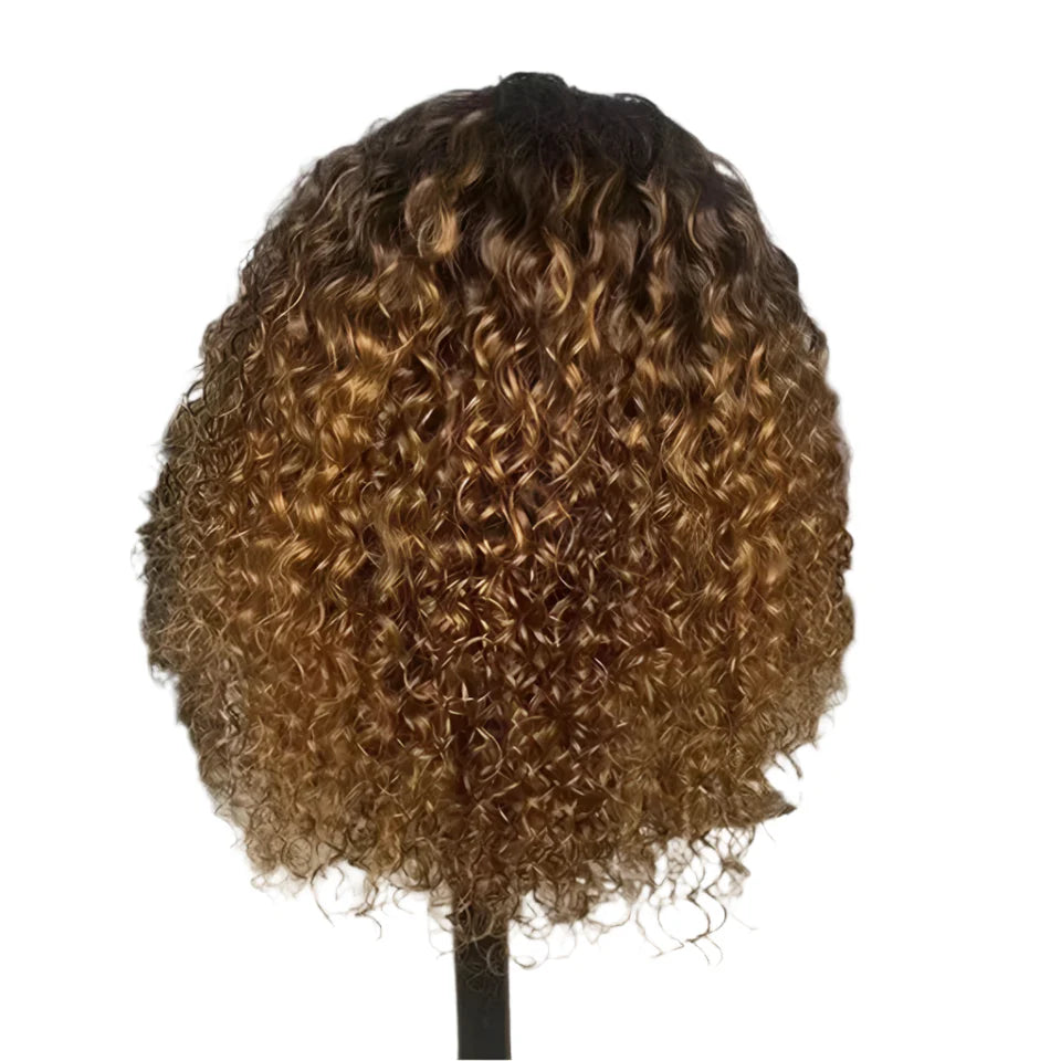 Highlight Honey Blonde Jerry Curly Pixie Bob Wig with Bangs | Full Machine Made Human Hair by Luxegan