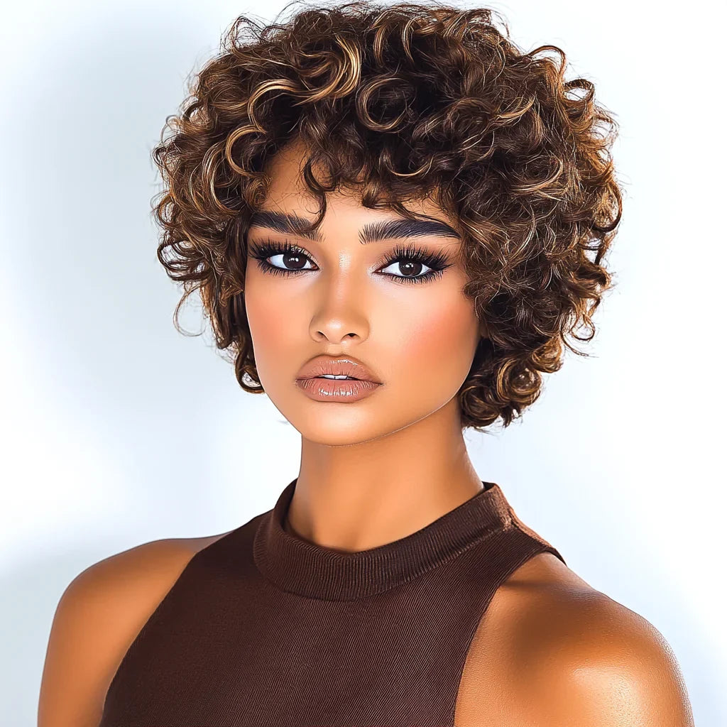 Sleek 100% Real Ready To Wear Short Water Wave Pixie Cut Wigs Brown Colored Curly Brazilian Curly Human Hair Wigs For Women by Luxegan