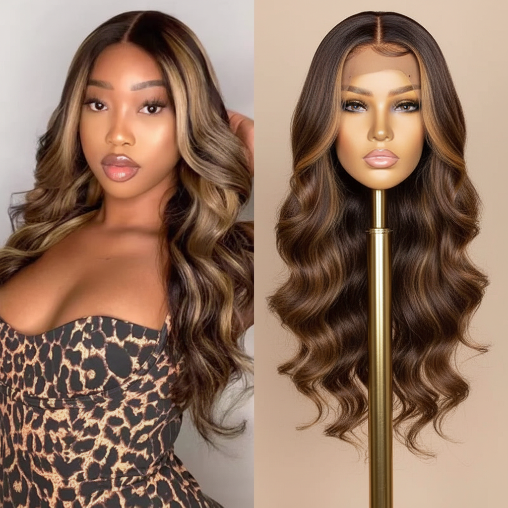 65CM Highlight Blonde & Honey Piano Color Lace Front Human Hair Wig | Brazilian Body Wave Lace Wig for Women by Luxegan