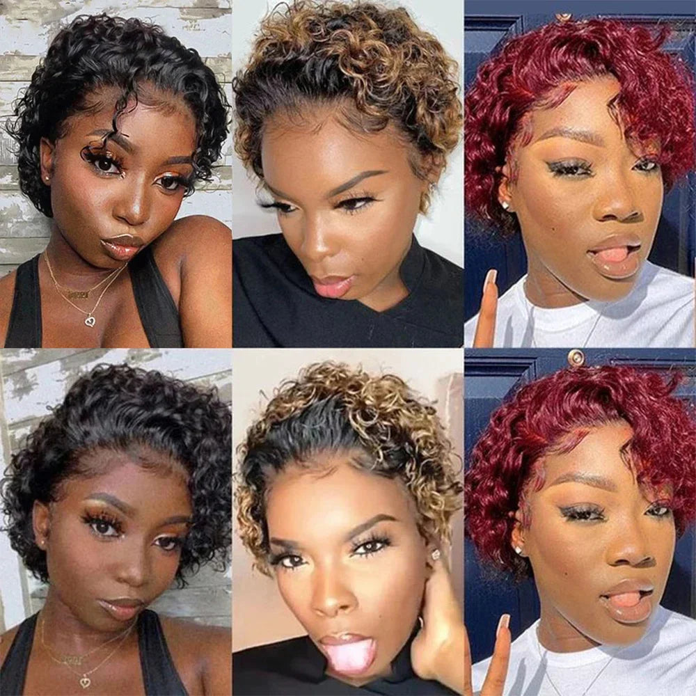 Short Curly Pixie Cut Wig | Water Wave Bob Wig | 13x1 Transparent Lace Front Human Hair Wig by Luxegan