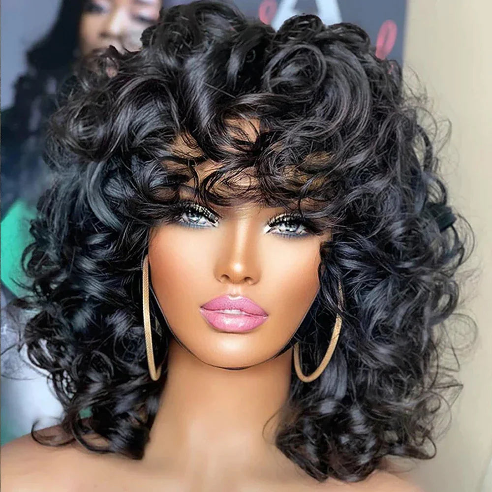 Short Curly Bob Wig Human Hair with Bangs - Glueless Funmi Curly Wig, Brazilian Remy Hair, Ready to Go by Luxegan