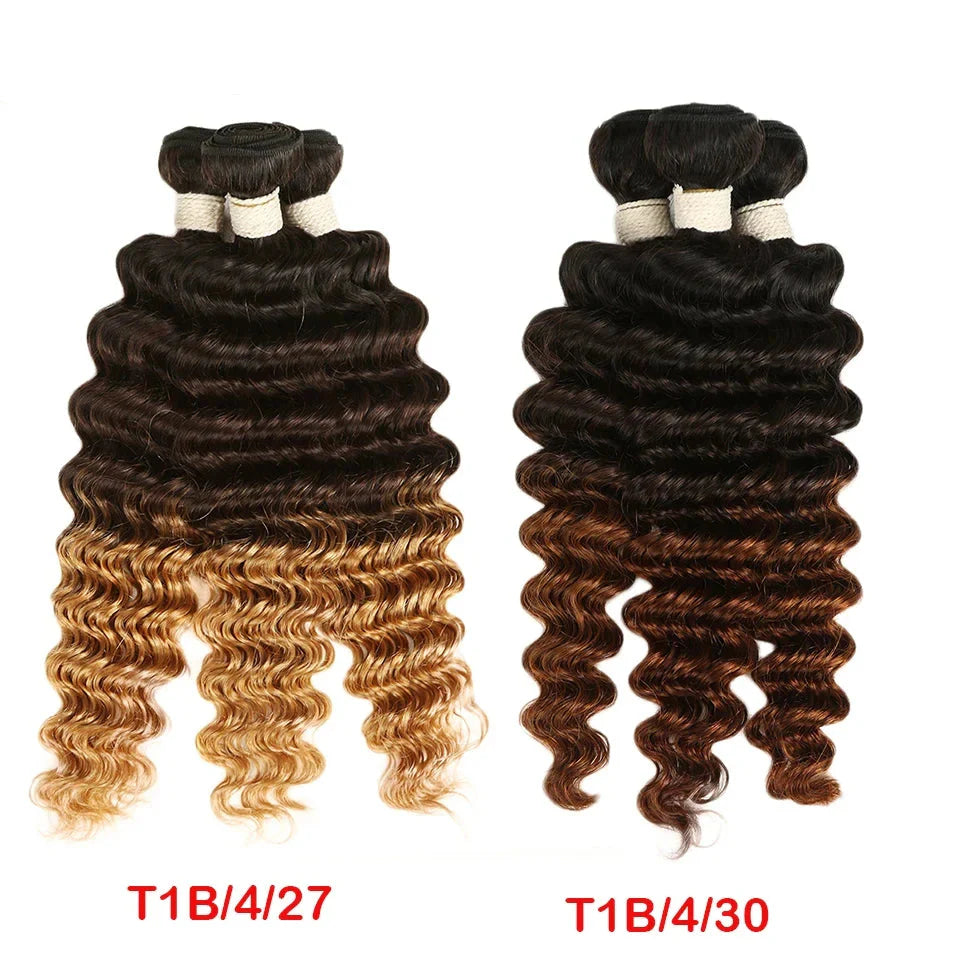 Ombre Brazilian Deep Wave Human Hair Bundles | Remy 2 Tone Color T1B/27#, T1B/30#, T1B/99J# (1, 3, or 4 Pcs) by Luxegan