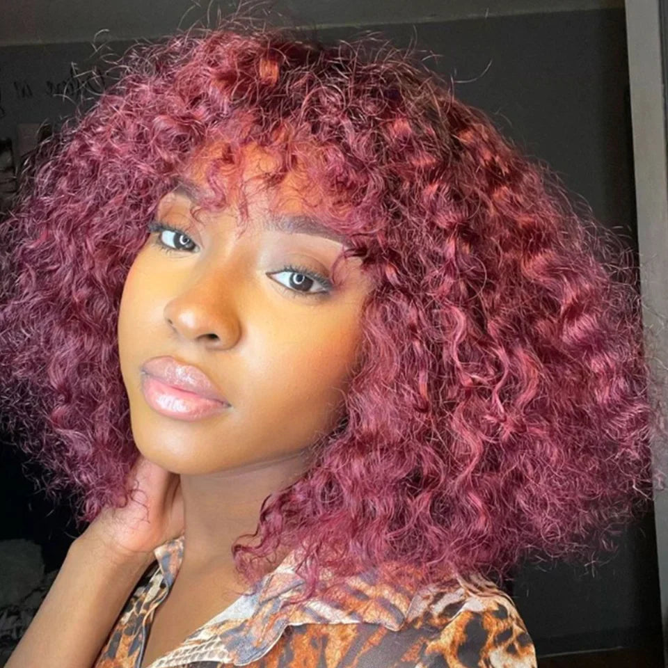 Highlight Honey Blonde Jerry Curly Pixie Bob Wig with Bangs | Full Machine Made Human Hair by Luxegan