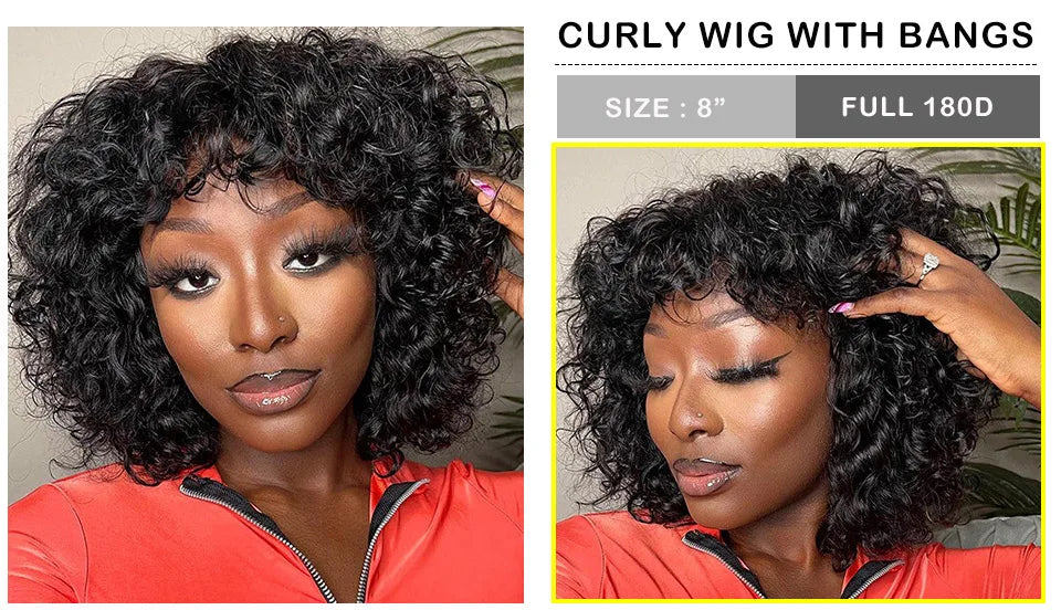Highlight Honey Blonde Jerry Curly Pixie Bob Wig with Bangs | Full Machine Made Human Hair by Luxegan