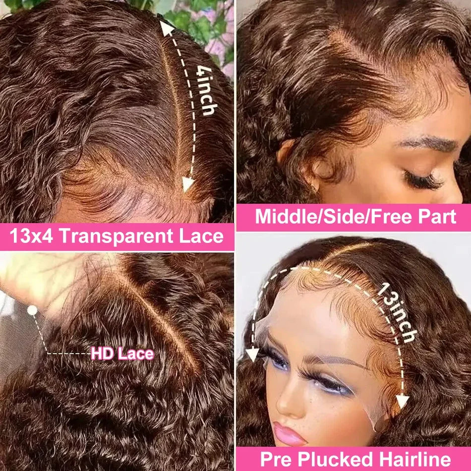 Chocolate Brown Deep Wave Frontal Wig | 13x4 HD Transparent Curly Lace Front Human Hair Wig (Bleached, Brazilian Brown Colored) by Luxegan