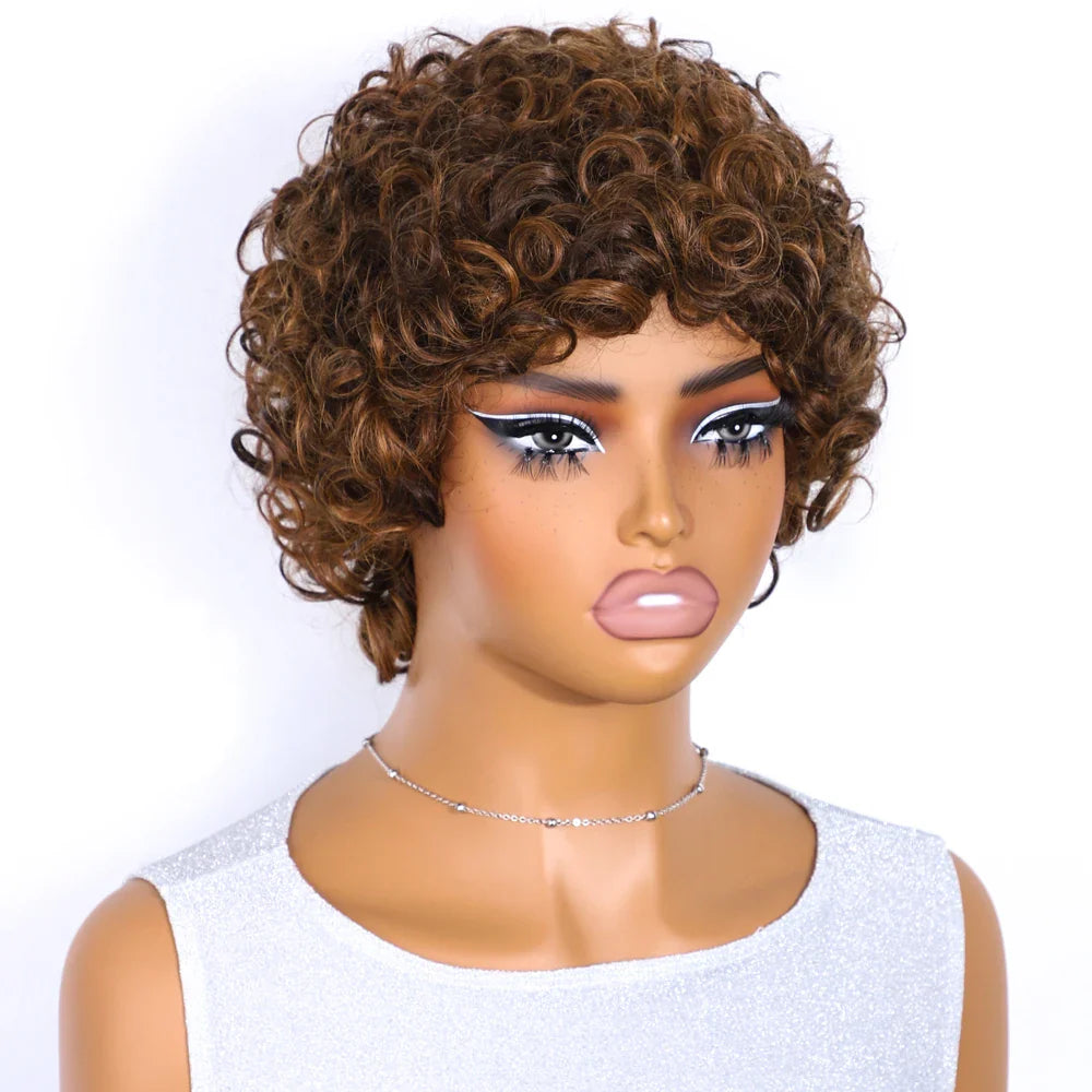 Sleek 100% Real Ready To Wear Short Water Wave Pixie Cut Wigs Brown Colored Curly Brazilian Curly Human Hair Wigs For Women by Luxegan