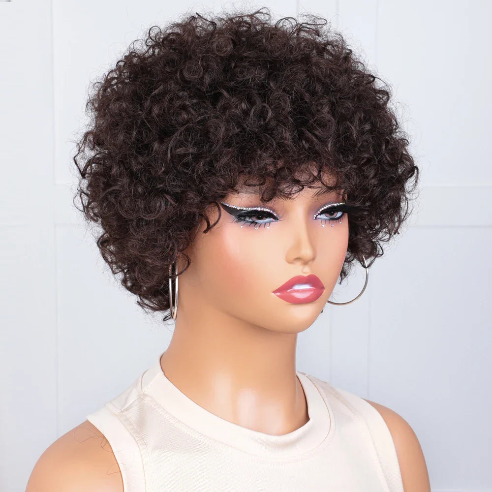 Sleek 100% Real Ready To Wear Short Water Wave Pixie Cut Wigs Brown Colored Curly Brazilian Curly Human Hair Wigs For Women by Luxegan