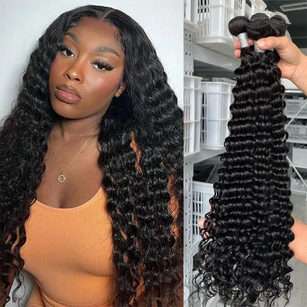 Queenlike 24 26 28 Inch Deep Wave Human Hair Bundles | Brazilian Remy Hair Extensions | Deep Curly Weave by Luxegan