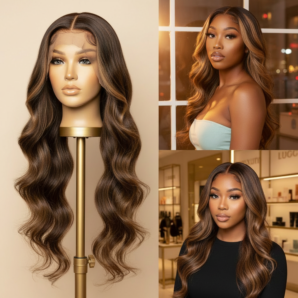 65CM Highlight Blonde & Honey Piano Color Lace Front Human Hair Wig | Brazilian Body Wave Lace Wig for Women by Luxegan