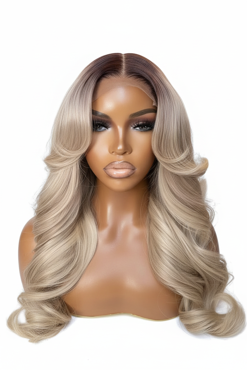 Ombre Ash Honey Blonde 13x6 Transparent Lace Frontal Wig | Dark Root Body Wave Human Hair by Luxegan