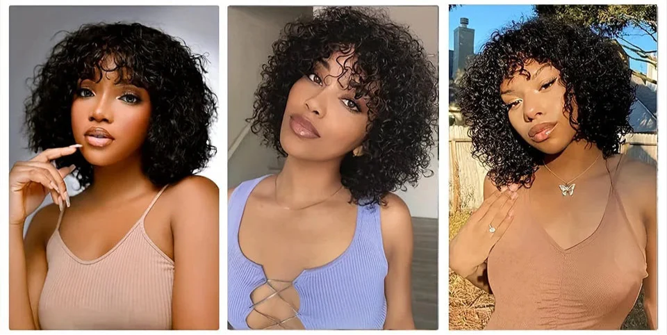 Highlight Honey Blonde Jerry Curly Pixie Bob Wig with Bangs | Full Machine Made Human Hair by Luxegan