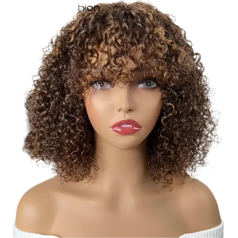 Highlight Honey Blonde Jerry Curly Pixie Bob Wig with Bangs | Full Machine Made Human Hair by Luxegan