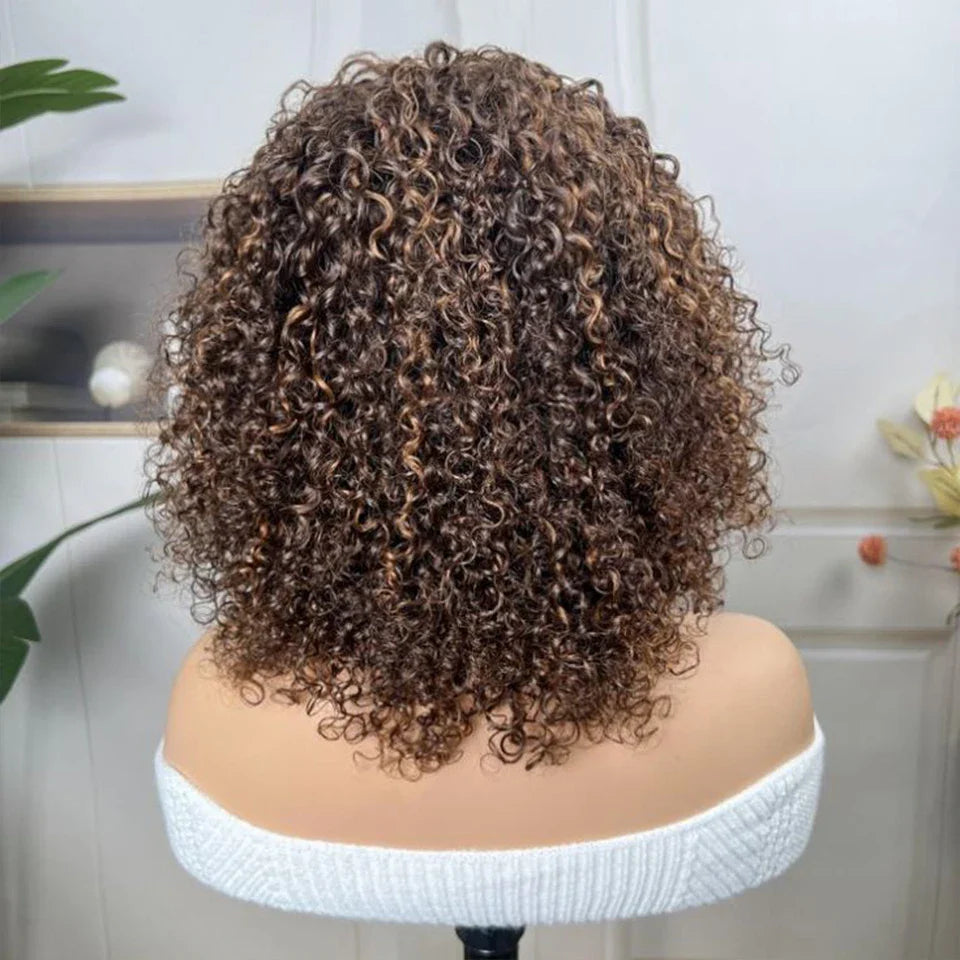 Highlight Honey Blonde Jerry Curly Pixie Bob Wig with Bangs | Full Machine Made Human Hair by Luxegan