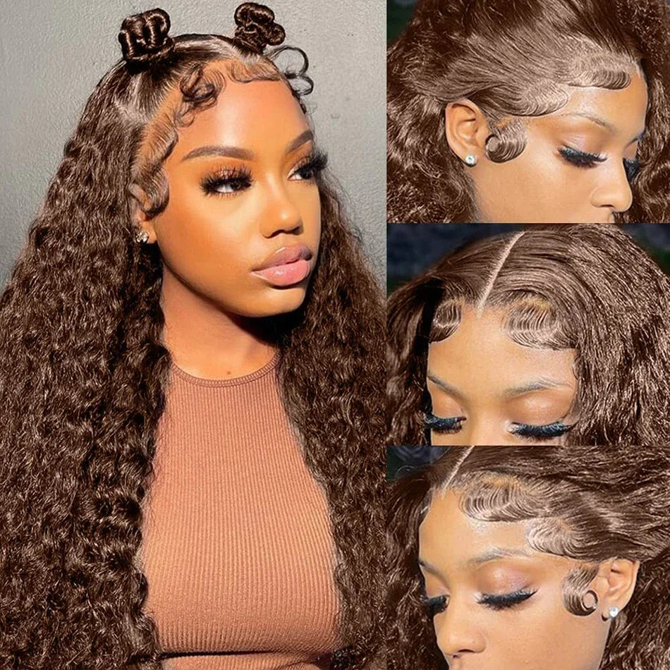 Chocolate Brown Deep Wave Frontal Wig | 13x4 HD Transparent Curly Lace Front Human Hair Wig (Bleached, Brazilian Brown Colored) by Luxegan