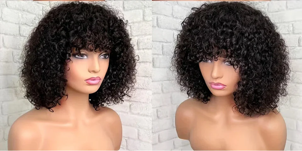 Highlight Honey Blonde Jerry Curly Pixie Bob Wig with Bangs | Full Machine Made Human Hair by Luxegan