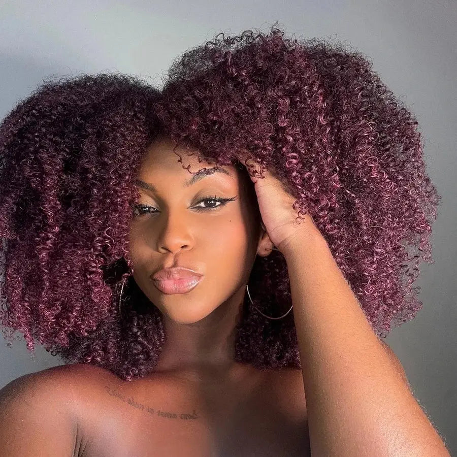 Short Bob | 99J | Curly | Bob | Red | Burgundy | Non Lace Front | Bangs | Human Hair Wigs by Luxegan