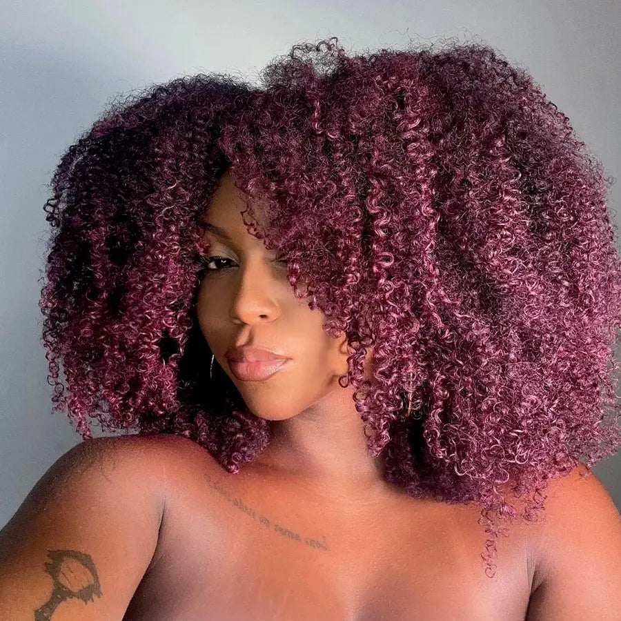 Short Bob | 99J | Curly | Bob | Red | Burgundy | Non Lace Front | Bangs | Human Hair Wigs by Luxegan