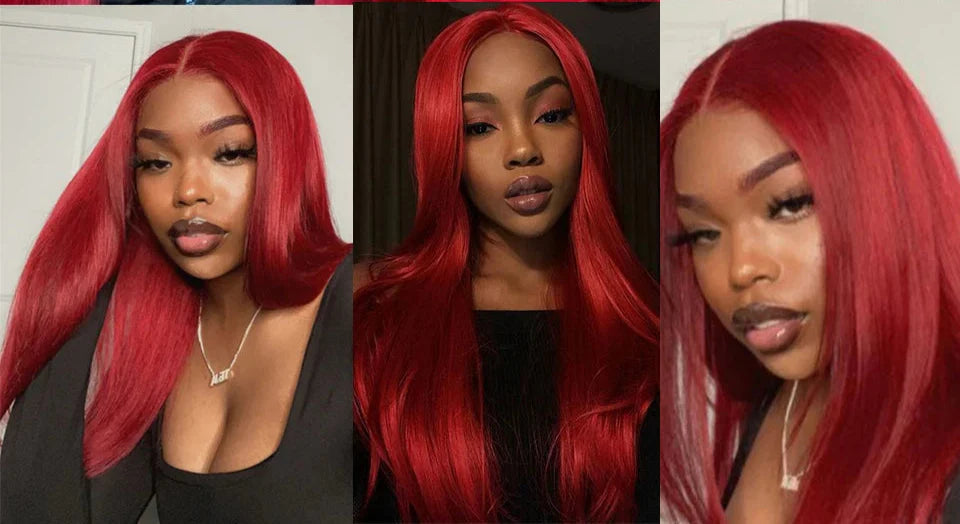 Red & Blonde Highlight Straight Bundles with Closure | 3 Pcs Brazilian Remy Human Hair Weave Extensions by Luxegan