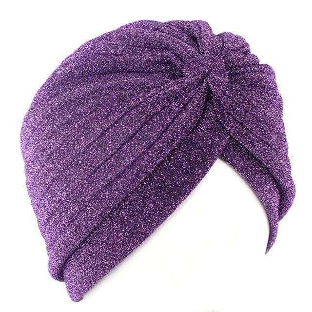 Autumn Winter Warm Headwear Soft Shine Silver Gold Lightweight Knot Twist Turban Headbands Cap Casual Streetwear Hats For Women by Stevvex