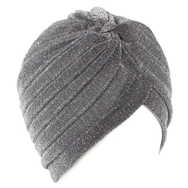 Autumn Winter Warm Headwear Soft Shine Silver Gold Lightweight Knot Twist Turban Headbands Cap Casual Streetwear Hats For Women by Stevvex