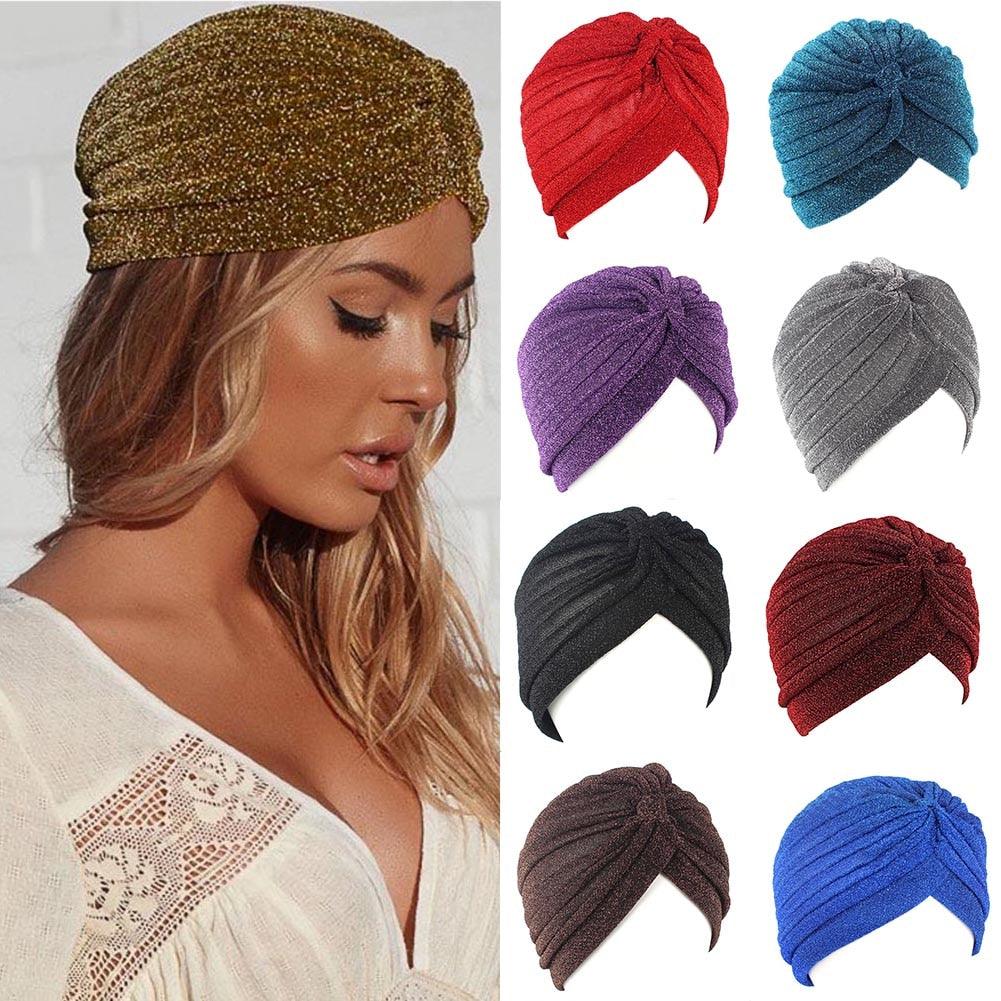 Autumn Winter Warm Headwear Soft Shine Silver Gold Lightweight Knot Twist Turban Headbands Cap Casual Streetwear Hats For Women by Stevvex