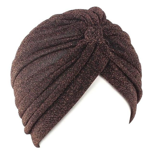 Autumn Winter Warm Headwear Soft Shine Silver Gold Lightweight Knot Twist Turban Headbands Cap Casual Streetwear Hats For Women by Stevvex