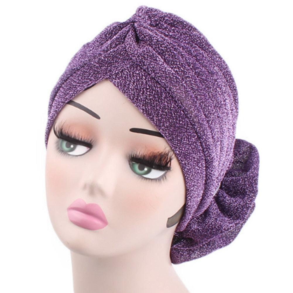 Autumn Winter Warm Headwear Soft Shine Silver Gold Lightweight Knot Twist Turban Headbands Cap Casual Streetwear Hats For Women by Stevvex