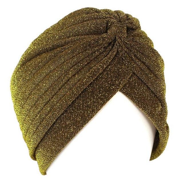 Autumn Winter Warm Headwear Soft Shine Silver Gold Lightweight Knot Twist Turban Headbands Cap Casual Streetwear Hats For Women by Stevvex