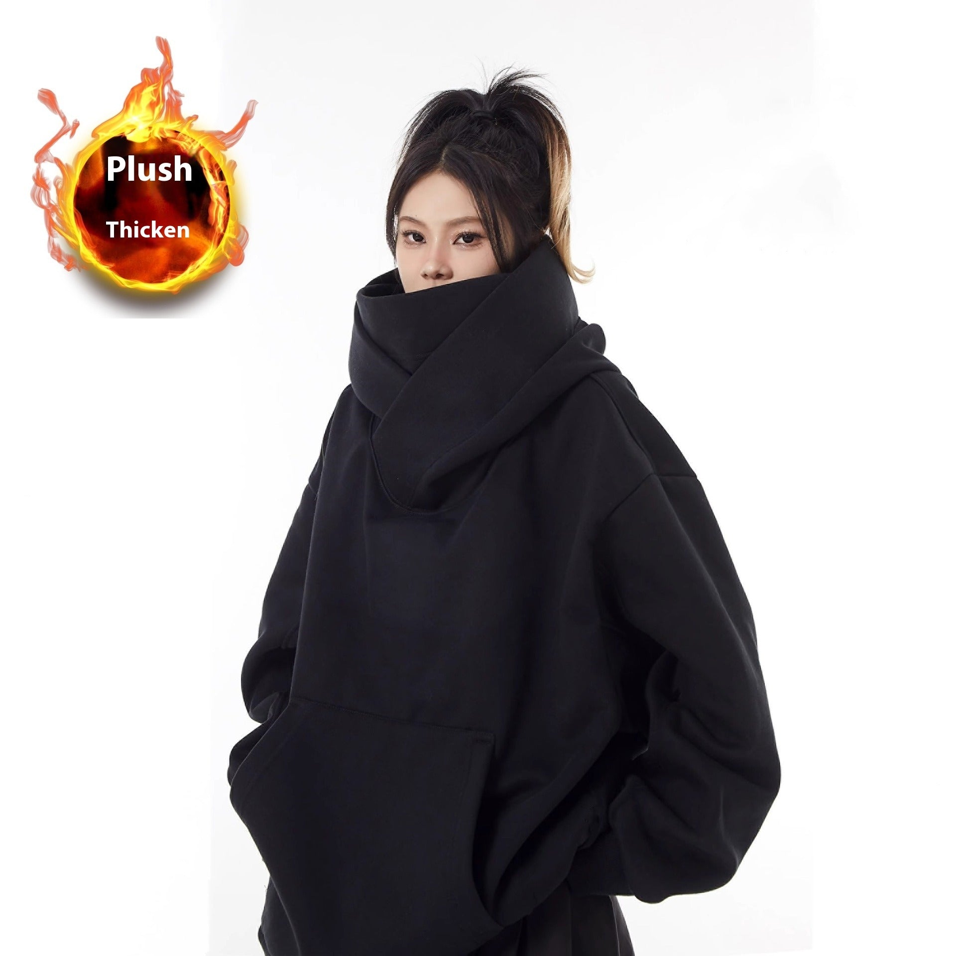 Loose High Collar Fleece Lined Hoodie by Ovriluxe Enterprises llc