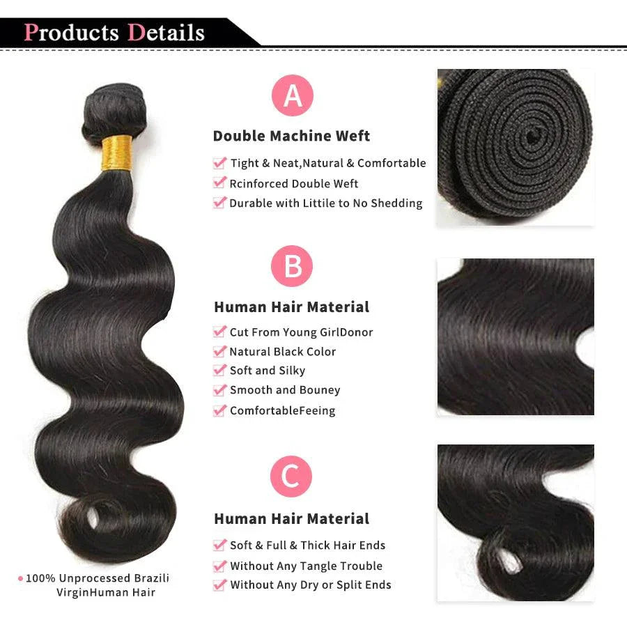 Brazilian Body Wave Hair Bundles - 100% Human Hair Extensions 3 PCS by MANDOTOS